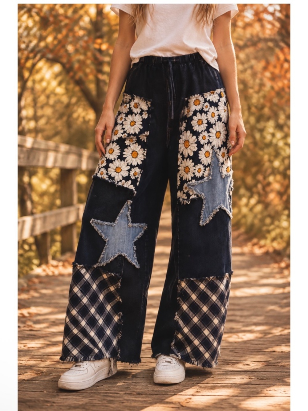 Sage + Fig Floral Plaid Print Star Patchwork Wide leg Pants